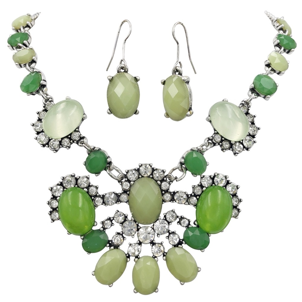 Green Abstract Rhinestone Necklace Earrings Set